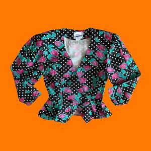 80's vintage polka dot floral peplum blouse Size 3/4 rampage